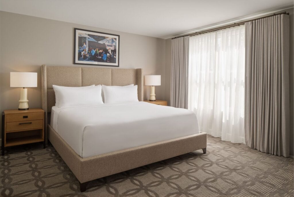 A king size bedroom in a historic hotel apartment across from Epicurean Hotel in Hyde Park District in South Tampa Florida