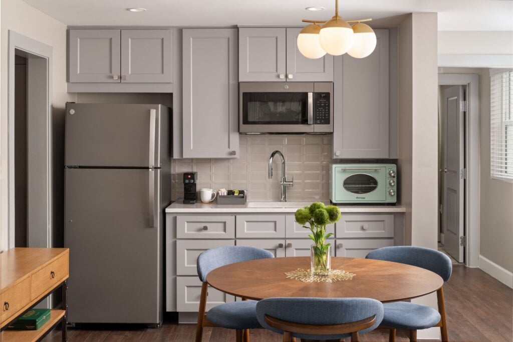 A renovated modern kitchenette in a historic hotel apartment across from Epicurean Hotel in Hyde Park District of South Tampa Florida