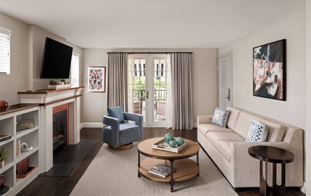 A living room in a historic hotel apartment across from Epicurean Hotel in Hyde Park District of South Tampa Florida